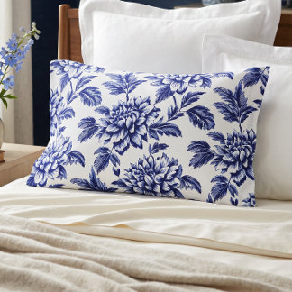 Blue and White Dahlia Flowers Toile de Jouy Pillowcase