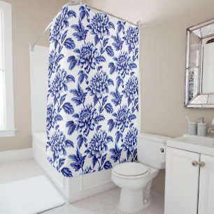 Blue and White Dahlia Flowers Toile de Jouy Shower Curtain