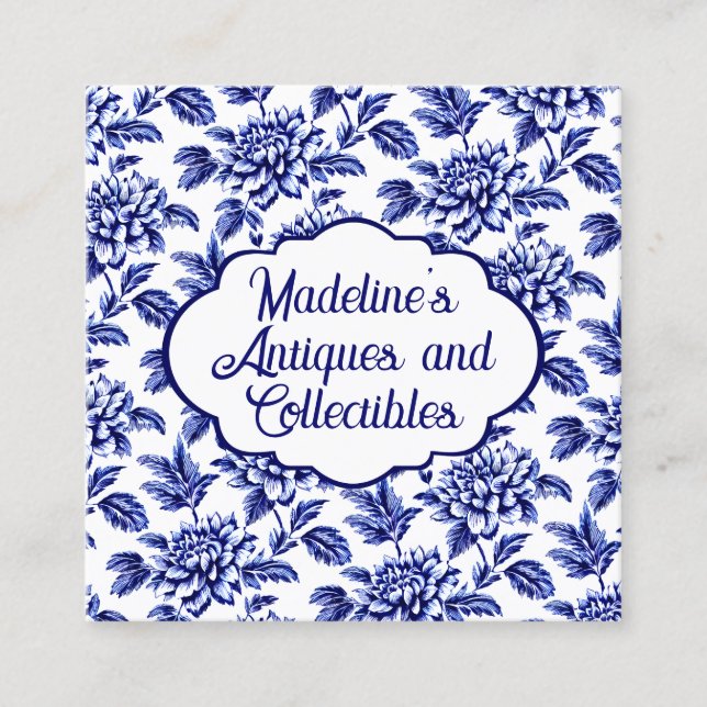 Blue and White Dahlia Flowers Toile de Jouy Square Business Card (Front)