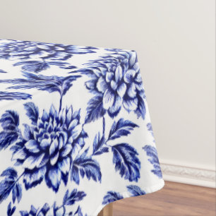 Blue and White Dahlia Flowers Toile de Jouy Tablecloth