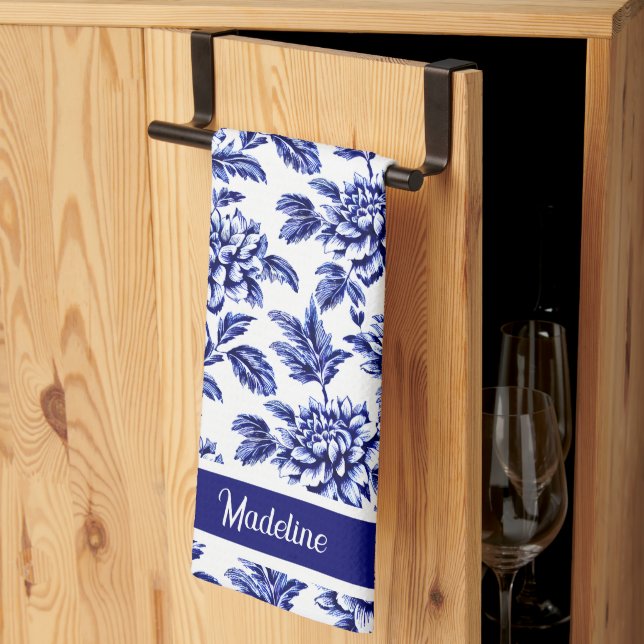 Blue and White Dahlia Flowers Toile de Jouy Tea Towel (Thirds Fold)