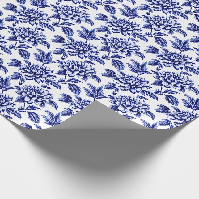Blue and White Dahlia Flowers Toile de Jouy Wrapping Paper (Corner)