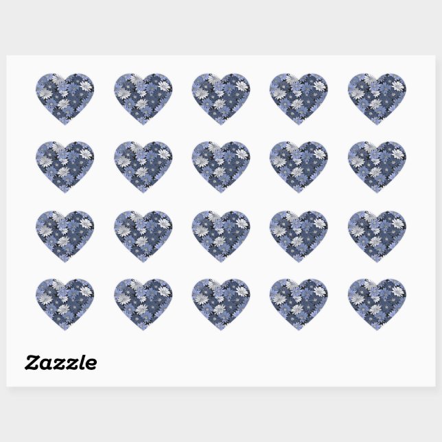 Blue and white daisy pattern heart sticker (Sheet)