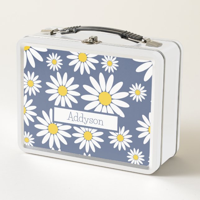 Blue and White Daisy with name Metal Lunch Box (Front)