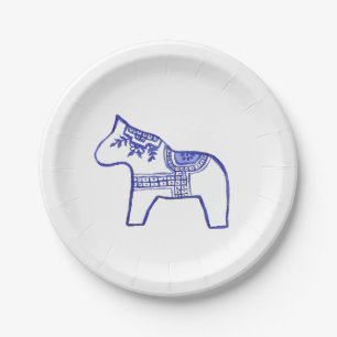 Blue and White Dala Horse Paper Plate