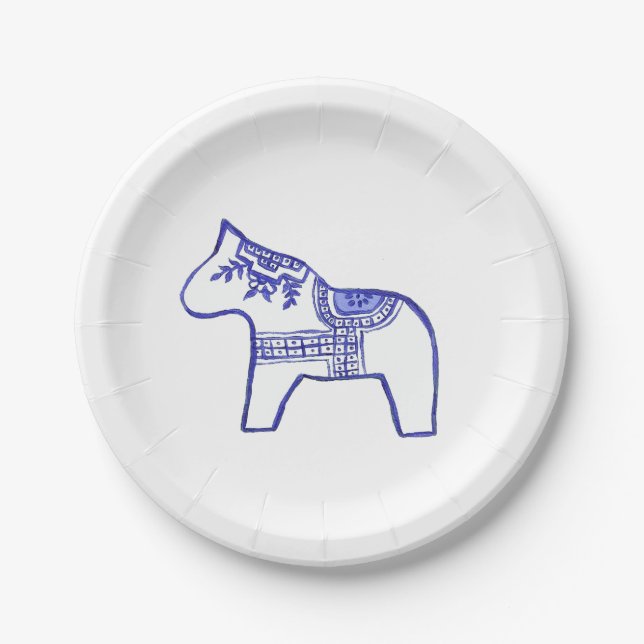 Blue and White Dala Horse Paper Plate (Front)