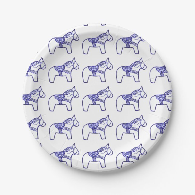 Blue and White Dala Horse paper Plate (Front)