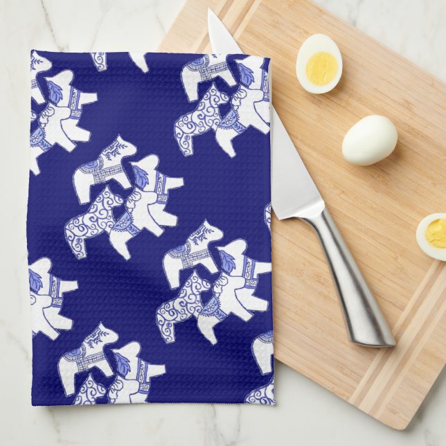 Blue and White Dala Horses  Kitchen towel (Quarter Fold)