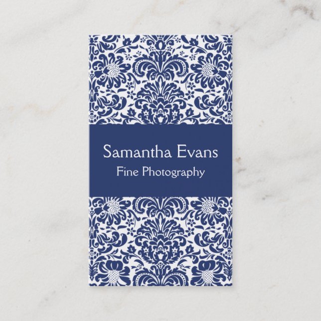 Blue and White Damask Business Card (Front)
