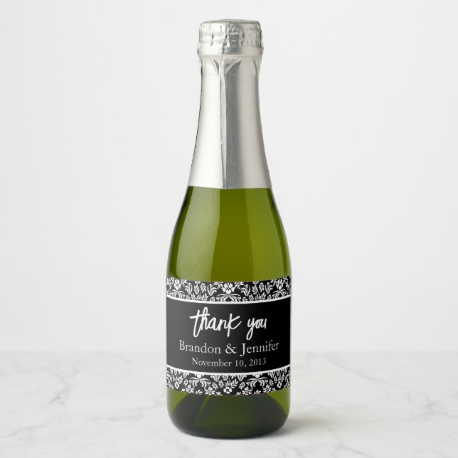 Blue and White Damask Custom Wedding Sparkling Win Wine Label (Front)