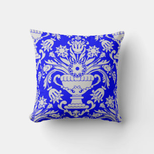 Blue and White Damask Floral Pattern Elegant  Cushion