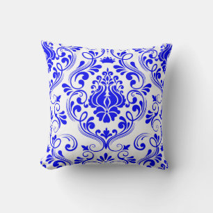 Blue and White Damask Floral Pattern Elegant Cushion