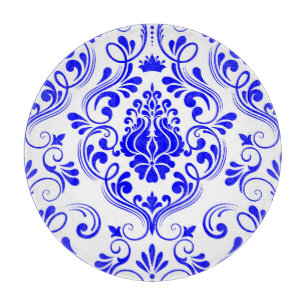 Blue and White Damask Floral Pattern Elegant Glass Cutting Board