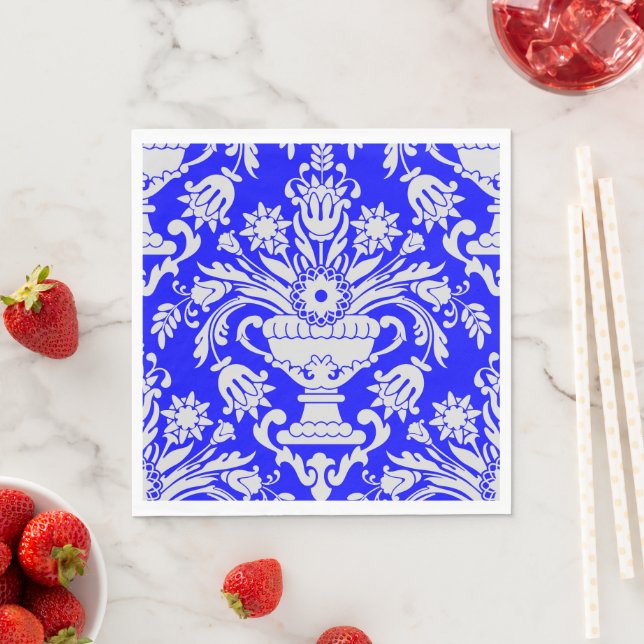 Blue and White Damask Floral Pattern Elegant  Napkin (Insitu)