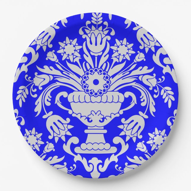 Blue and White Damask Floral Pattern Elegant  Paper Plate (Front)