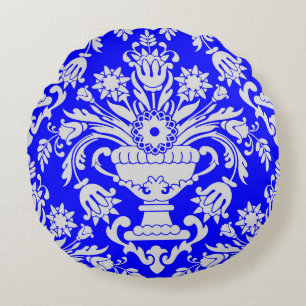Blue and White Damask Floral Pattern Elegant  Round Cushion