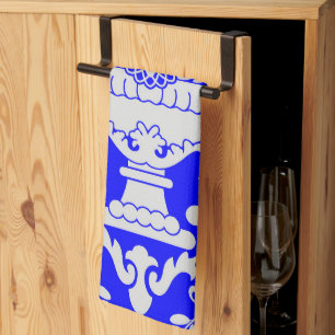 Blue and White Damask Floral Pattern Elegant  Tea Towel