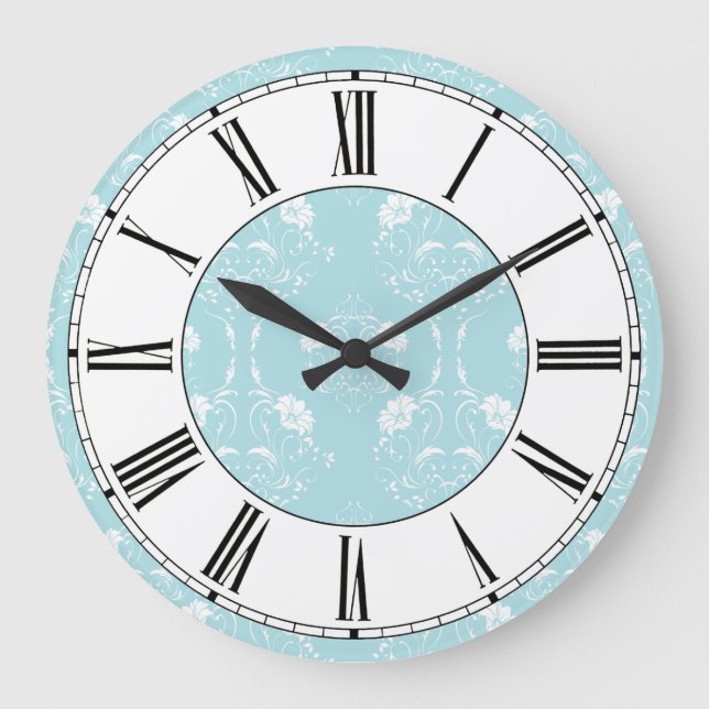 Blue and White Damask Floral Pattern Large Clock (Front)