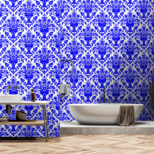 Blue and White Damask Floral peel and stick Wallpaper