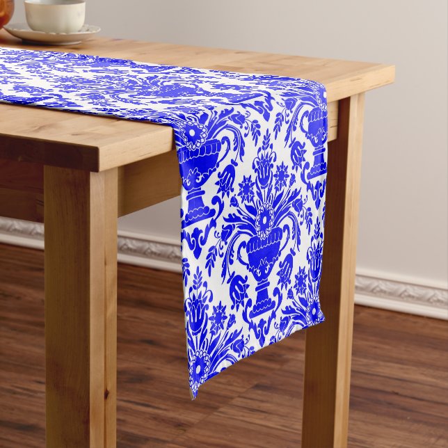 Blue and White Damask Floral  Short Table Runner (In Situ)