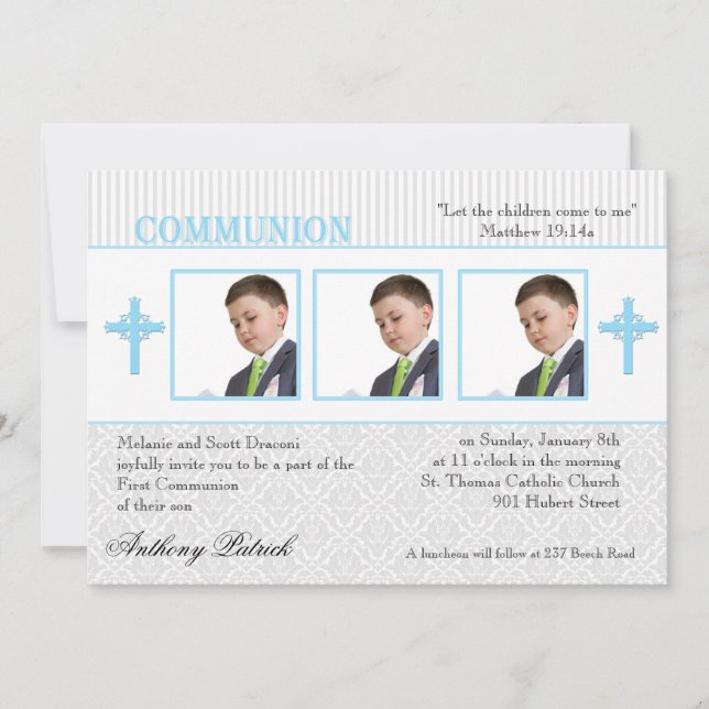 Blue and White Damask Photo Communion Invitation (Front)