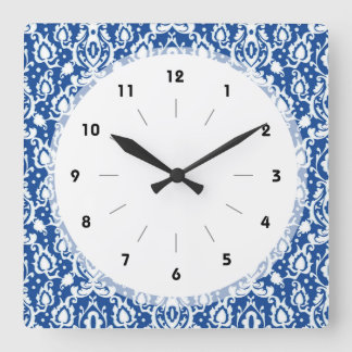 Blue and White Damask Square Wall Clock