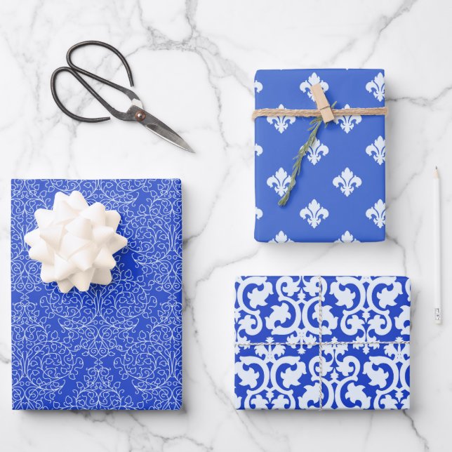 Blue And White  Damask  Wrapping Paper Sheet (Front)