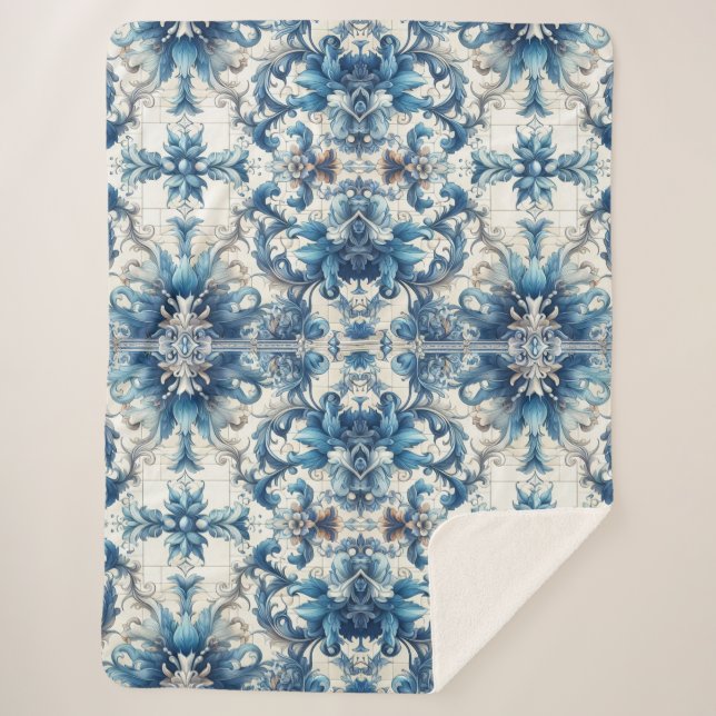 Blue And White Decorative Foliage  Sherpa Blanket (Front)
