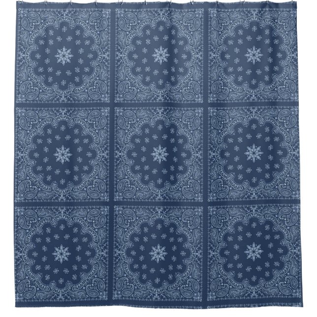 Blue and white decorative paisley pattern shower curtain (Front)