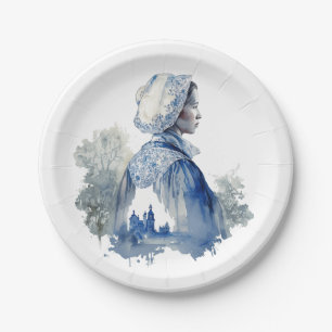 Blue and white Delft art with a girl village scene Paper Plate