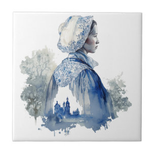 Blue and white Delft art with a girl village scene Tile