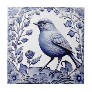 Blue and White Delft Bird Botanical Floral Tile