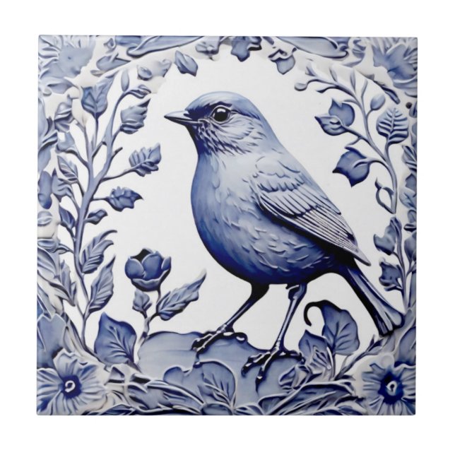 Blue and White Delft Bird Botanical Floral Tile (Front)