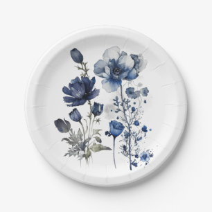 Blue and white Delft style art with wildflowers Paper Plate
