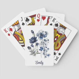 Blue and white Delft style art with wildflowers Playing Cards