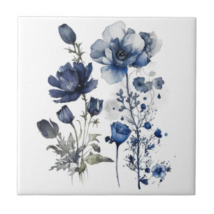 Blue and white Delft style art with wildflowers Tile
