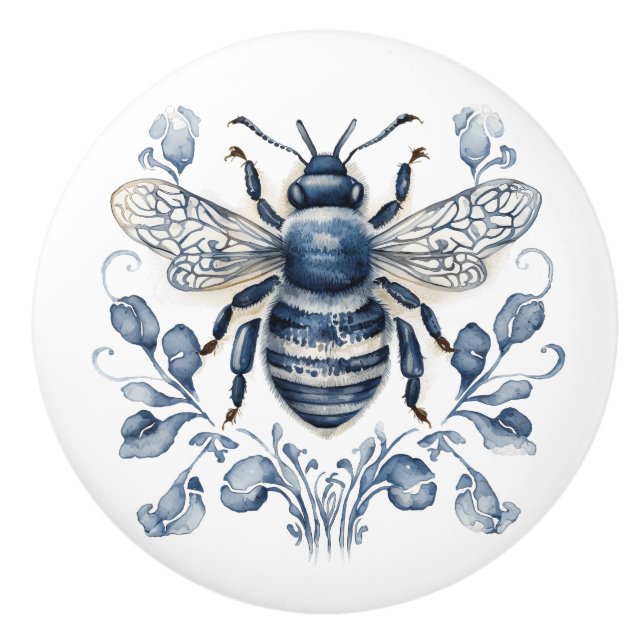 Blue and white Delft style bee design with flowers Ceramic Knob (Front)
