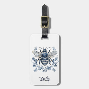Blue and white Delft style bee design with flowers Luggage Tag