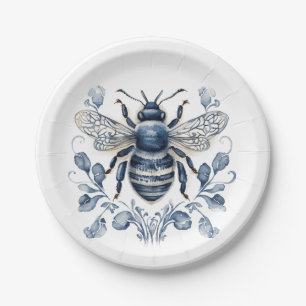 Blue and white Delft style bee design with flowers Paper Plate