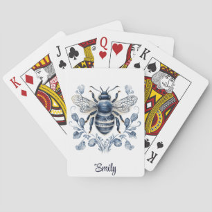 Blue and white Delft style bee design with flowers Playing Cards