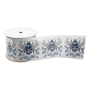 Blue and white Delft style bee design with flowers Satin Ribbon