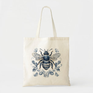 Blue and white Delft style bee design with flowers Tote Bag