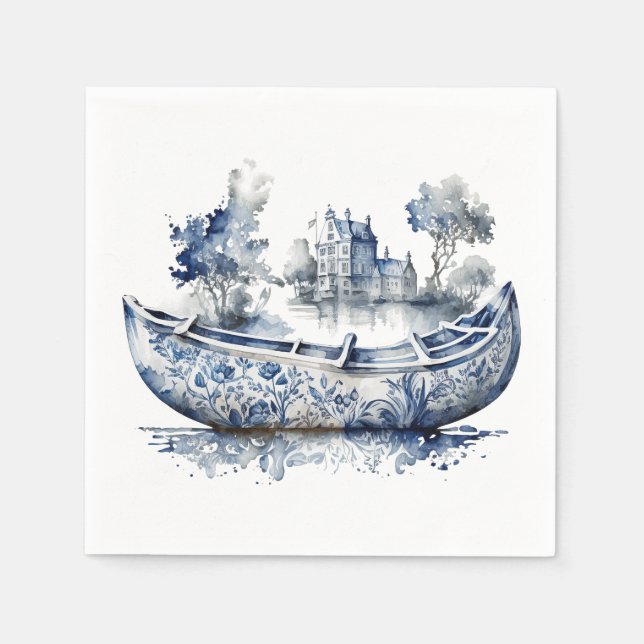 Blue and white Delft style boat with village scene Napkin (Front)