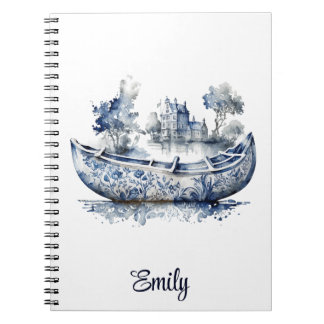 Blue and white Delft style boat with village scene Notebook