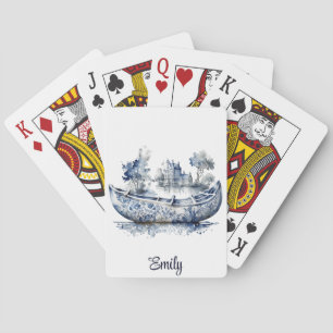 Blue and white Delft style boat with village scene Playing Cards