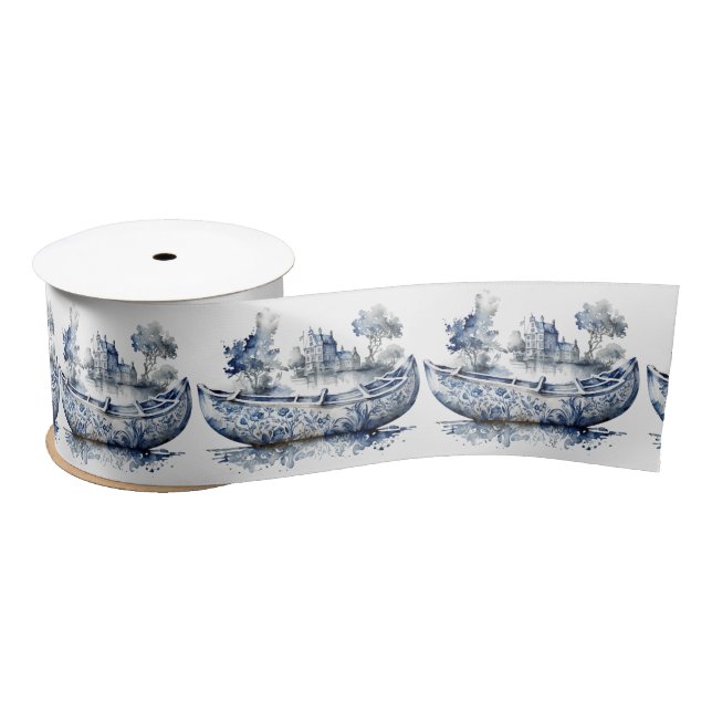 Blue and white Delft style boat with village scene Satin Ribbon (Spool)
