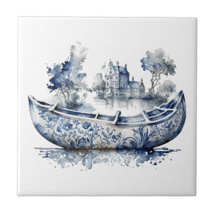 Blue and white Delft style boat with village scene Tile