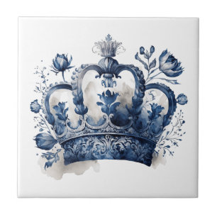 Blue and white Delft style crown with flowers Tile