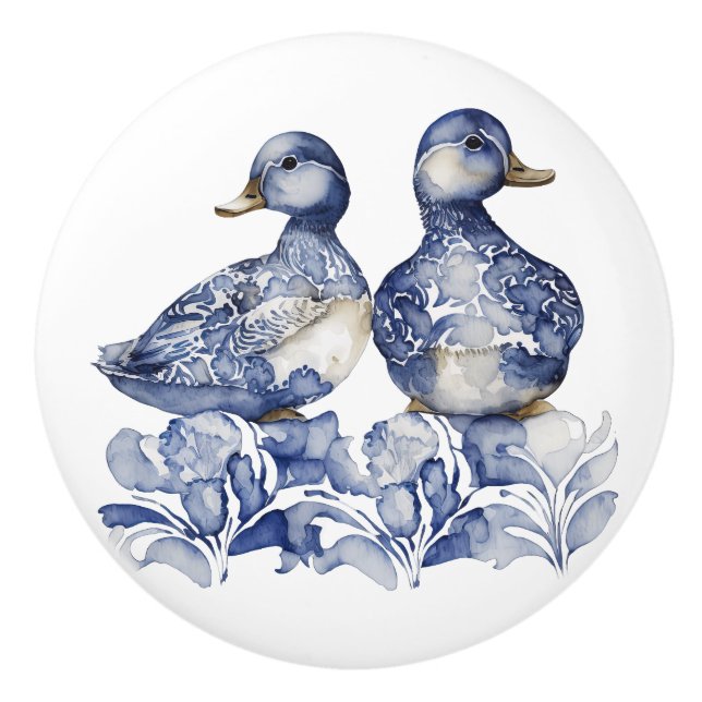 Blue and white Delft style cute ducks with flowers Ceramic Knob (Front)