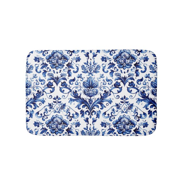 Blue and white Delft style floral ornament pattern Bath Mat (Front)